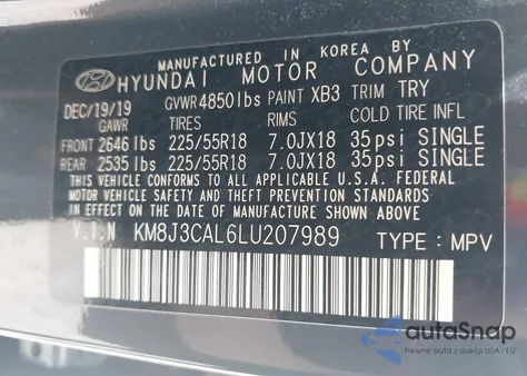 2020 Hyundai Tucson Ultimate z USA, uszkodzony, nr VIN KM8J3CAL6LU207989